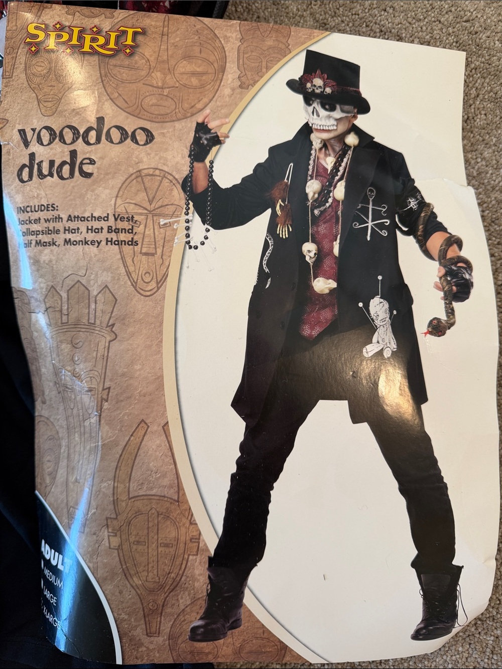SPIRIT HALLOWEEN Voodoo Dude Halloween Costume - Worn Once Original Bag Size XL